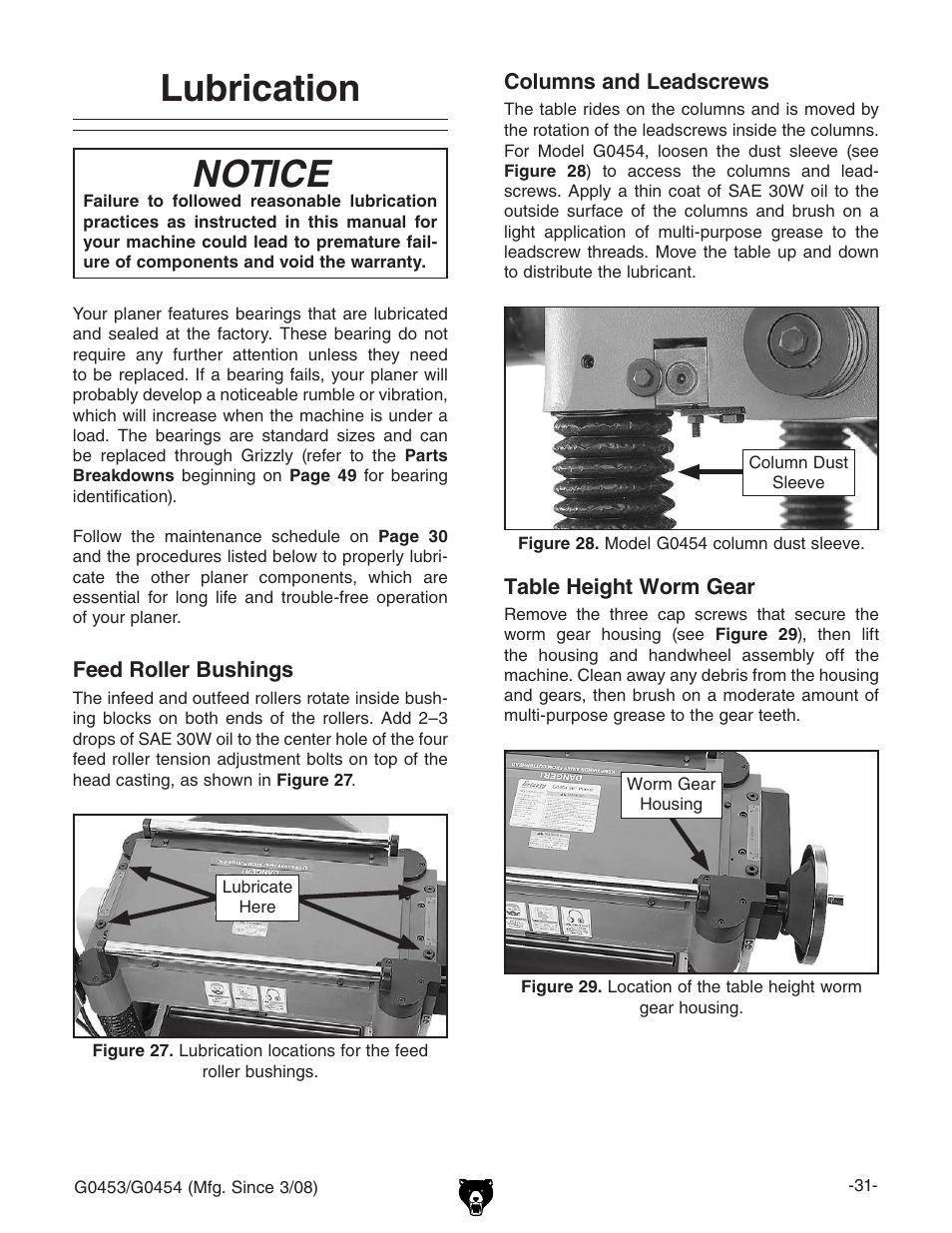 Lubrication, Notice | Grizzly MOBILE PLANERS G0453 User Manual | Page 33 / 72