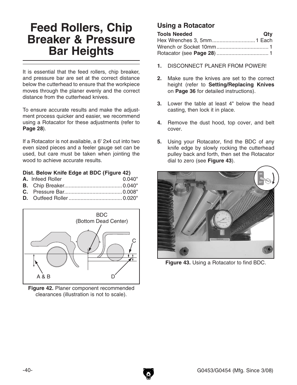 Feed rollers, chip breaker & pressure bar heights | Grizzly MOBILE PLANERS G0453 User Manual | Page 42 / 72