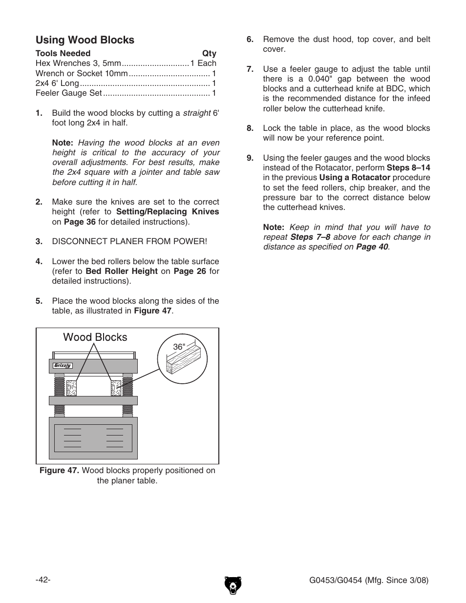 Using wood blocks | Grizzly MOBILE PLANERS G0453 User Manual | Page 44 / 72