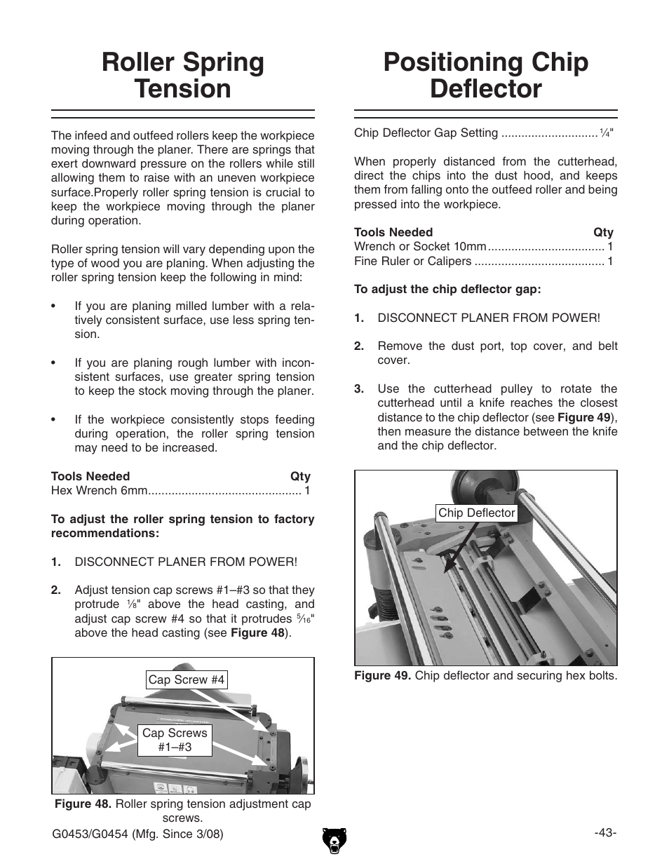 Positioning chip deflector, Roller spring tension | Grizzly MOBILE PLANERS G0453 User Manual | Page 45 / 72