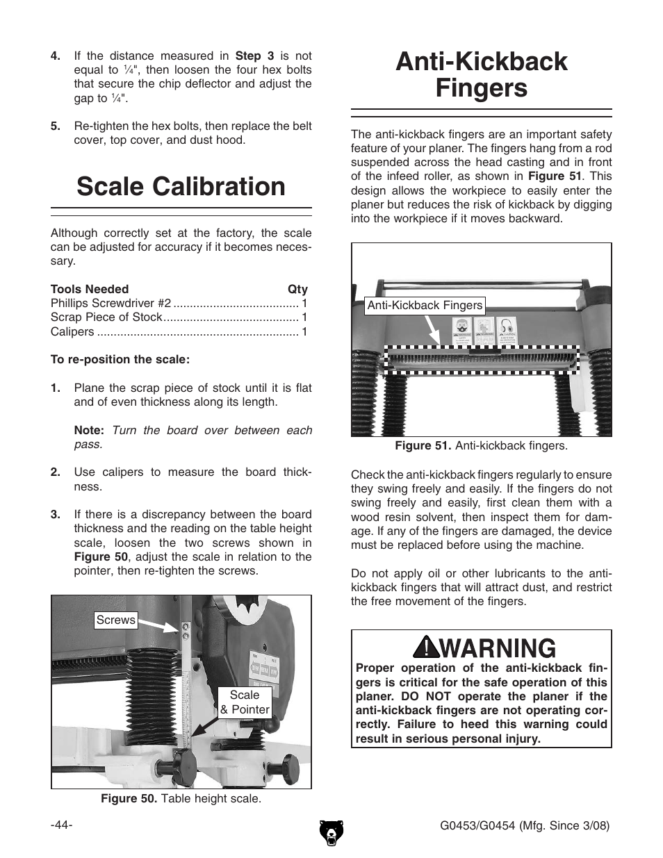 Scale calibration, Anti-kickback fingers | Grizzly MOBILE PLANERS G0453 User Manual | Page 46 / 72