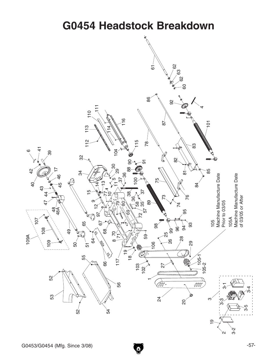 G0454 headstock breakdown | Grizzly MOBILE PLANERS G0453 User Manual | Page 59 / 72