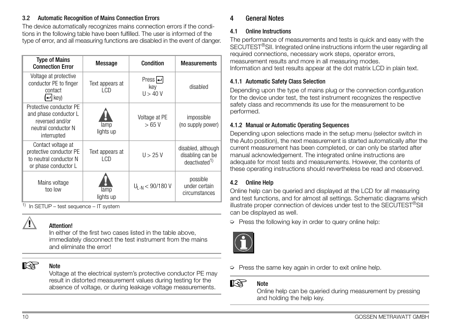 2 automatic recognition of mains connection errors, 4 general notes, 1 online instructions | 1 automatic safety class selection, 2 manual or automatic operating sequences, 2 online help, Automatic recognition of mains connection errors, General notes, Online instructions, Automatic safety class selection | Gossen MetraWatt 702 User Manual | Page 10 / 48