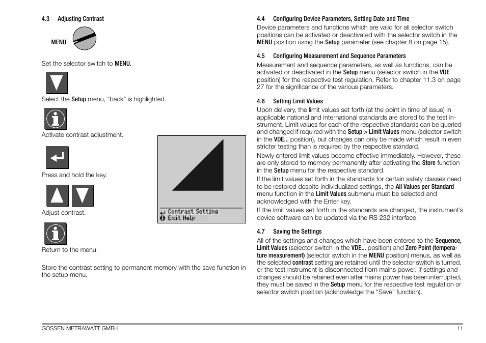 3 adjusting contrast, 5 configuring measurement and sequence parameters, 6 setting limit values | 7 saving the settings, Adjusting contrast, Configuring measurement and sequence parameters, Setting limit values, Saving the settings | Gossen MetraWatt 702 User Manual | Page 11 / 48