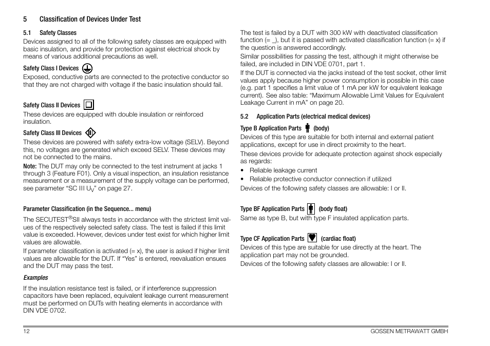 5 classification of devices under test, 1 safety classes, 2 application parts (electrical medical devices) | Classification of devices under test, Safety classes, Application parts (electrical medical devices) | Gossen MetraWatt 702 User Manual | Page 12 / 48