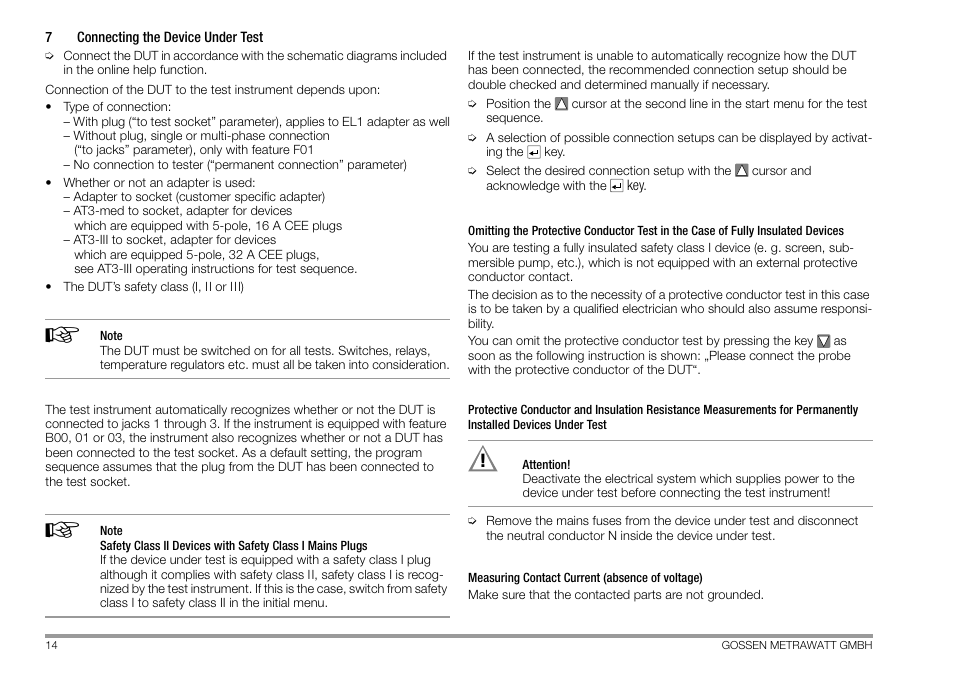 7 connecting the device under test, Connecting the device under test | Gossen MetraWatt 702 User Manual | Page 14 / 48