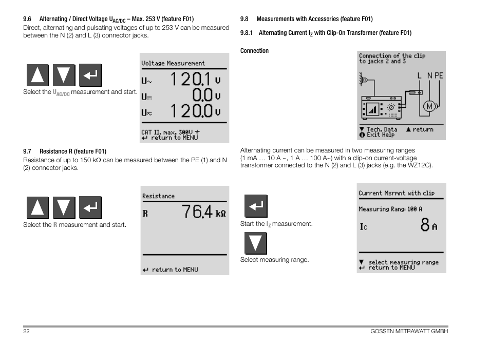 7 resistance r (feature f01), 8 measurements with accessories (feature f01), Alternating / direct voltage u | Ac/dc, Resistance r (feature f01), Measurements with accessories (feature f01), Alternating current i | Gossen MetraWatt 702 User Manual | Page 22 / 48