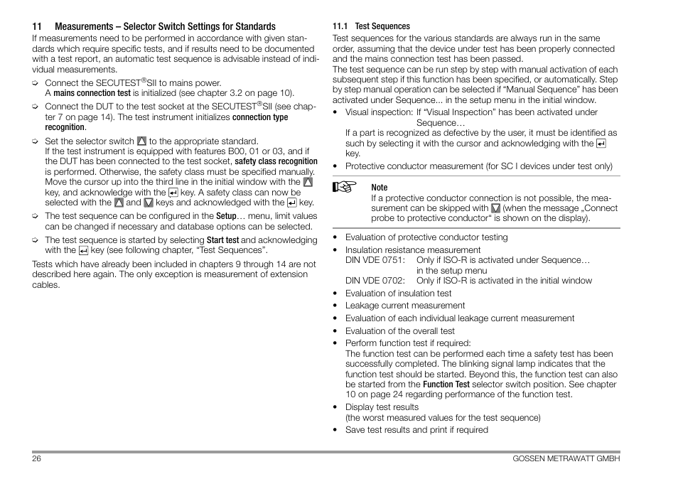 1 test sequences, Test sequences | Gossen MetraWatt 702 User Manual | Page 26 / 48