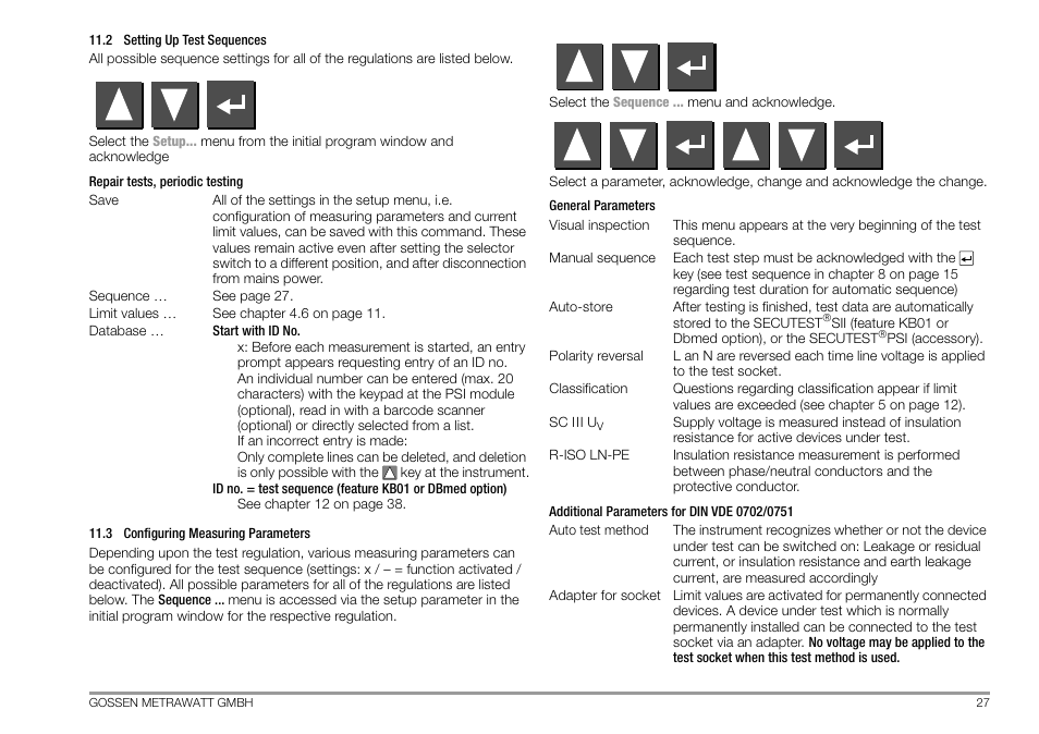 2 setting up test sequences, 3 configuring measuring parameters, Setting up test sequences | Configuring measuring parameters | Gossen MetraWatt 702 User Manual | Page 27 / 48