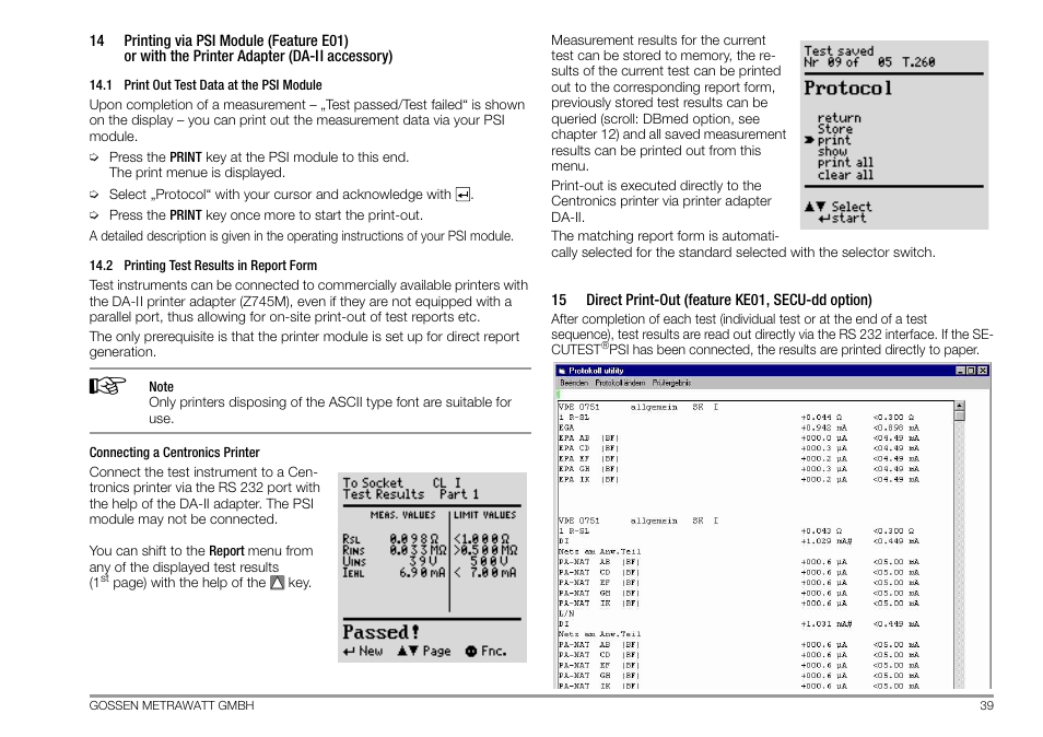 1 print out test data at the psi module, 2 printing test results in report form, 15 direct print-out (feature ke01, secu-dd option) | Print out test data at the psi module, Printing test results in report form, Direct print-out (feature ke01, secu-dd option) | Gossen MetraWatt 702 User Manual | Page 39 / 48