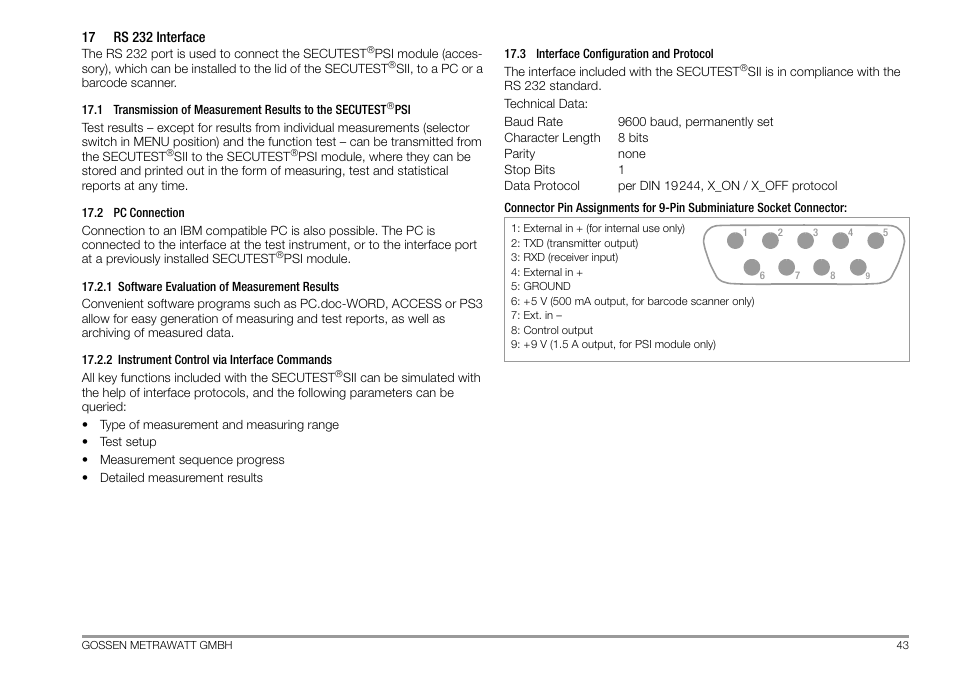 17 rs 232 interface, 2 pc connection, 1 software evaluation of measurement results | 2 instrument control via interface commands, 3 interface configuration and protocol, Rs 232 interface, Pc connection, Interface configuration and protocol | Gossen MetraWatt 702 User Manual | Page 43 / 48
