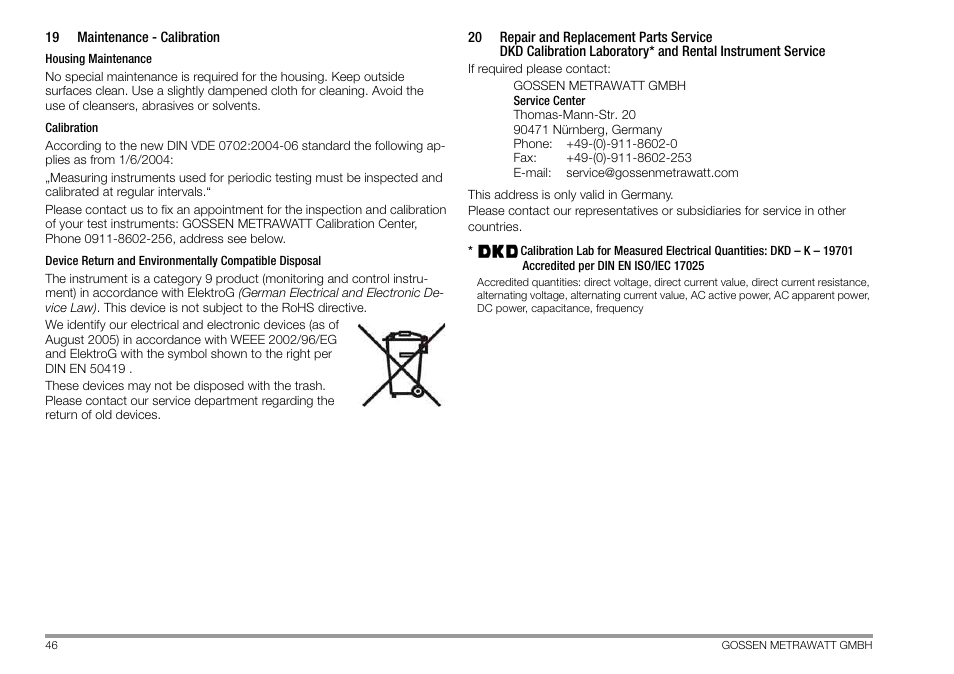 19 maintenance - calibration, Maintenance - calibration | Gossen MetraWatt 702 User Manual | Page 46 / 48