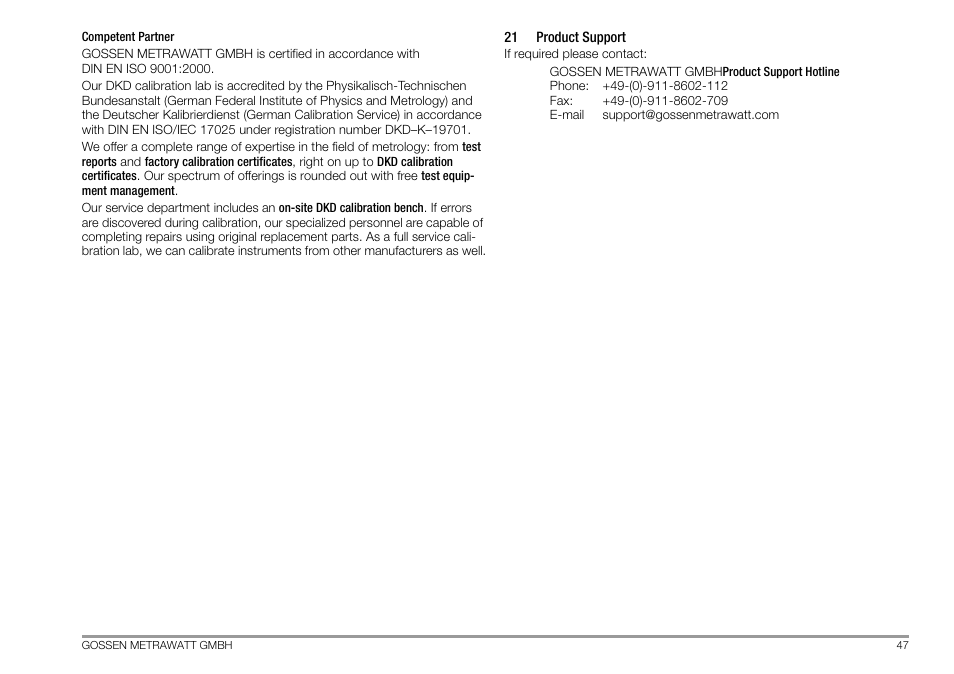 21 product support, Product support | Gossen MetraWatt 702 User Manual | Page 47 / 48