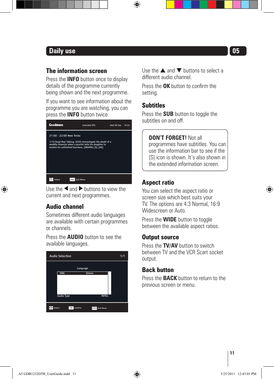 Daily use, The information screen, Audio channel | Subtitles, Aspect ratio, Output source, Back button | Goodmans GDB1232DTR User Manual | Page 11 / 32