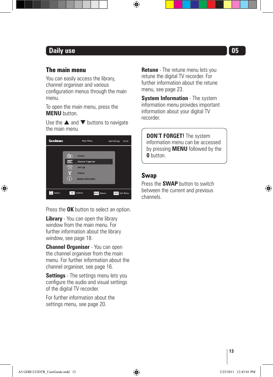 05 daily use, The main menu, Swap | Goodmans GDB1232DTR User Manual | Page 13 / 32