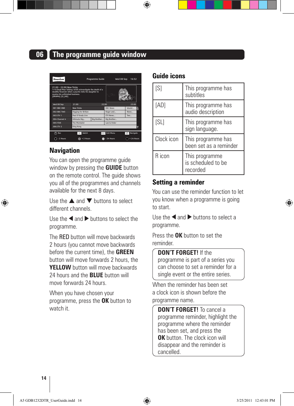 The programme guide window, Navigation, Guide icons | Setting a reminder | Goodmans GDB1232DTR User Manual | Page 14 / 32