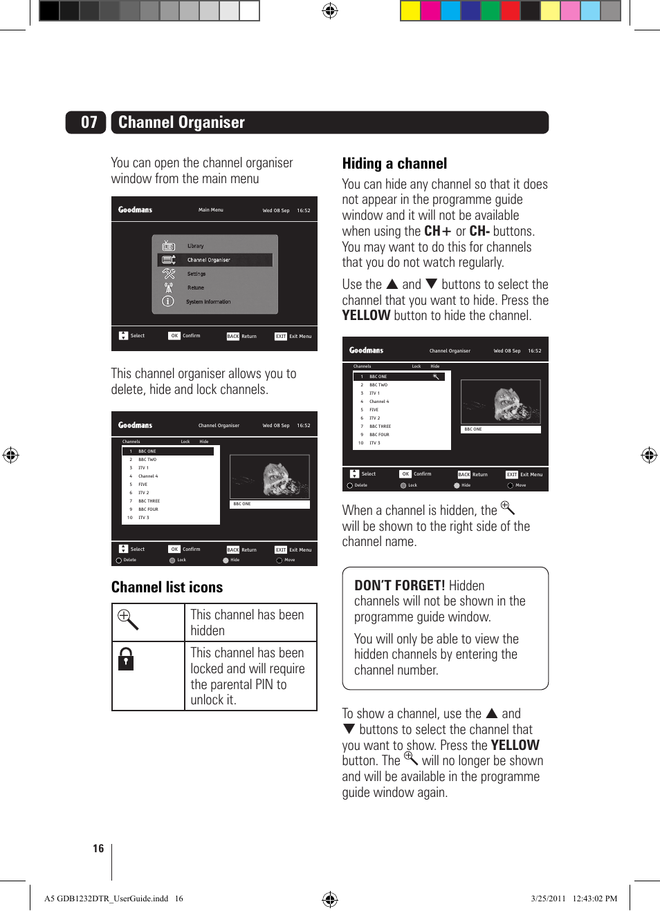 07 channel organiser, Channel list icons, Hiding a channel | Goodmans GDB1232DTR User Manual | Page 16 / 32