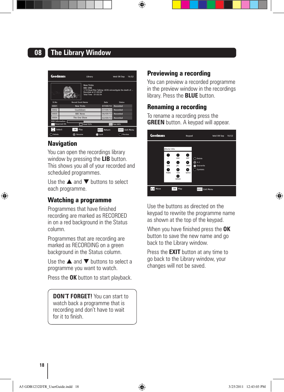 The library window, Navigation, Watching a programme | Previewing a recording, Renaming a recording | Goodmans GDB1232DTR User Manual | Page 18 / 32