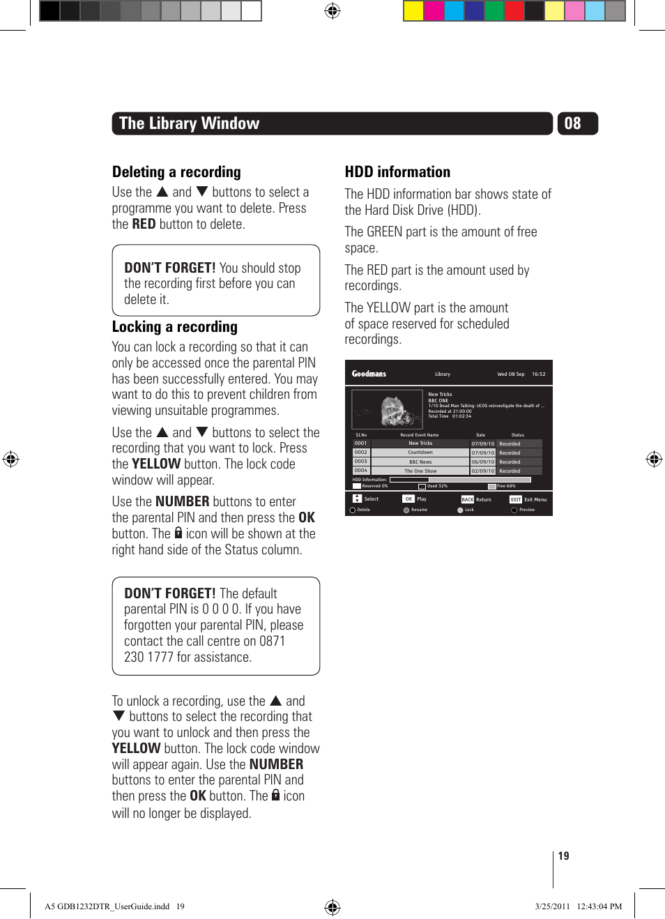 The library window, Deleting a recording, Locking a recording | Hdd information | Goodmans GDB1232DTR User Manual | Page 19 / 32