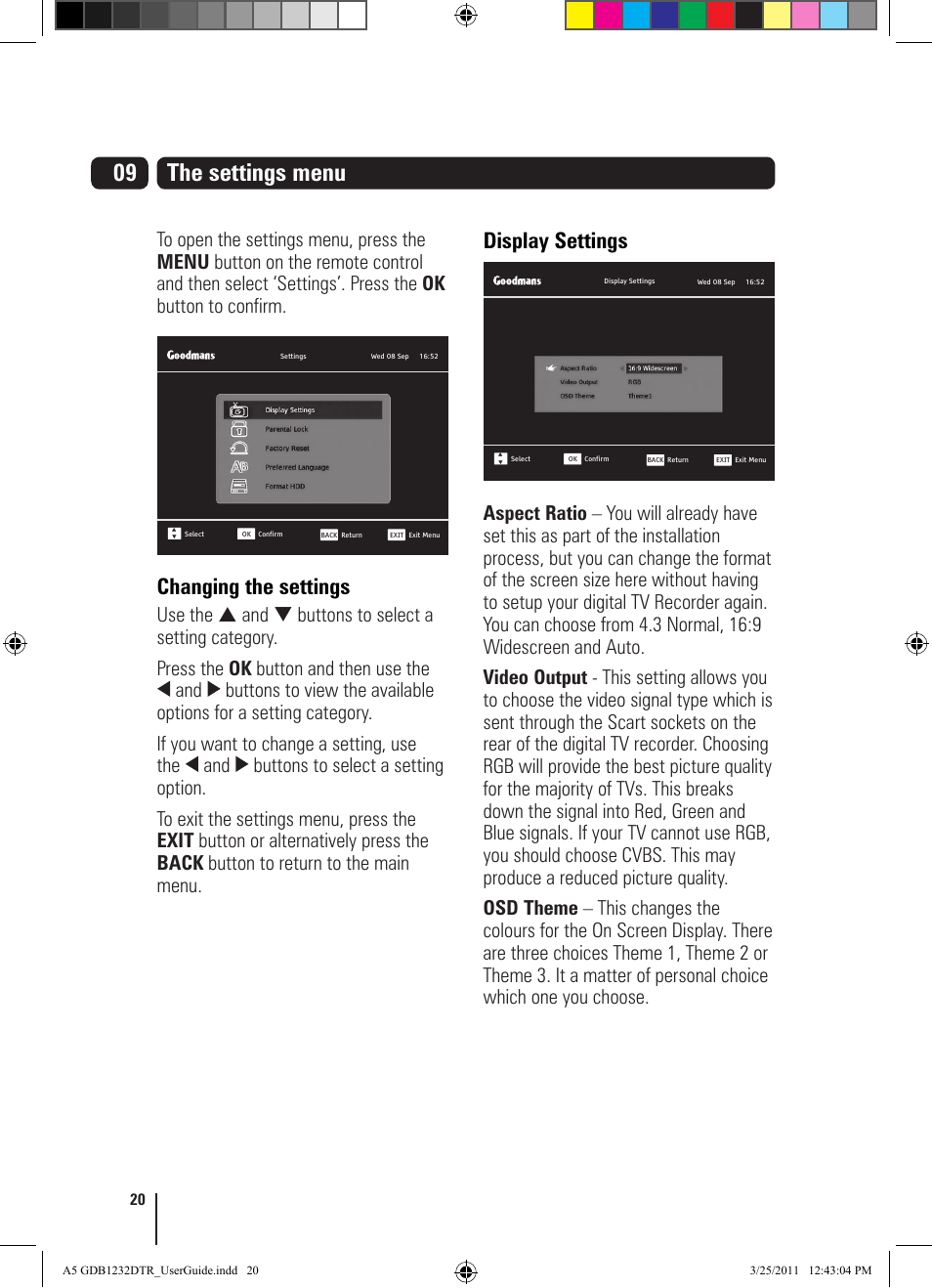 The settings menu, Changing the settings, Display settings | Goodmans GDB1232DTR User Manual | Page 20 / 32