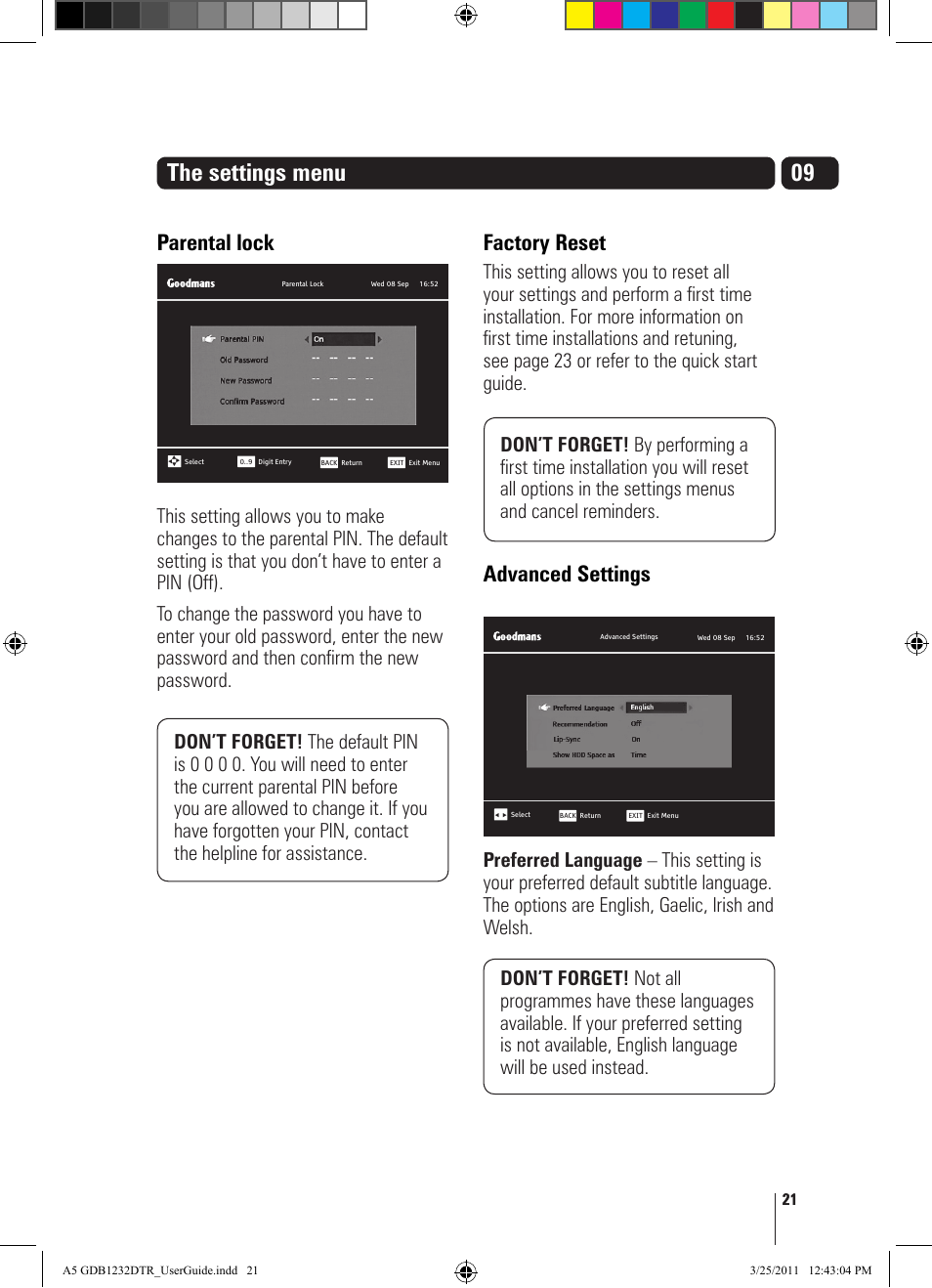 The settings menu, Parental lock, Factory reset | Advanced settings | Goodmans GDB1232DTR User Manual | Page 21 / 32