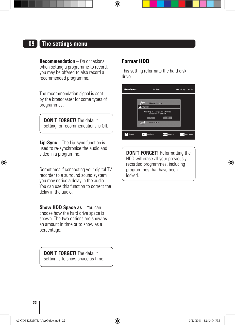 The settings menu, Format hdd | Goodmans GDB1232DTR User Manual | Page 22 / 32