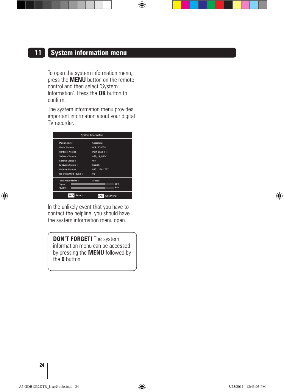 11 system information menu | Goodmans GDB1232DTR User Manual | Page 24 / 32