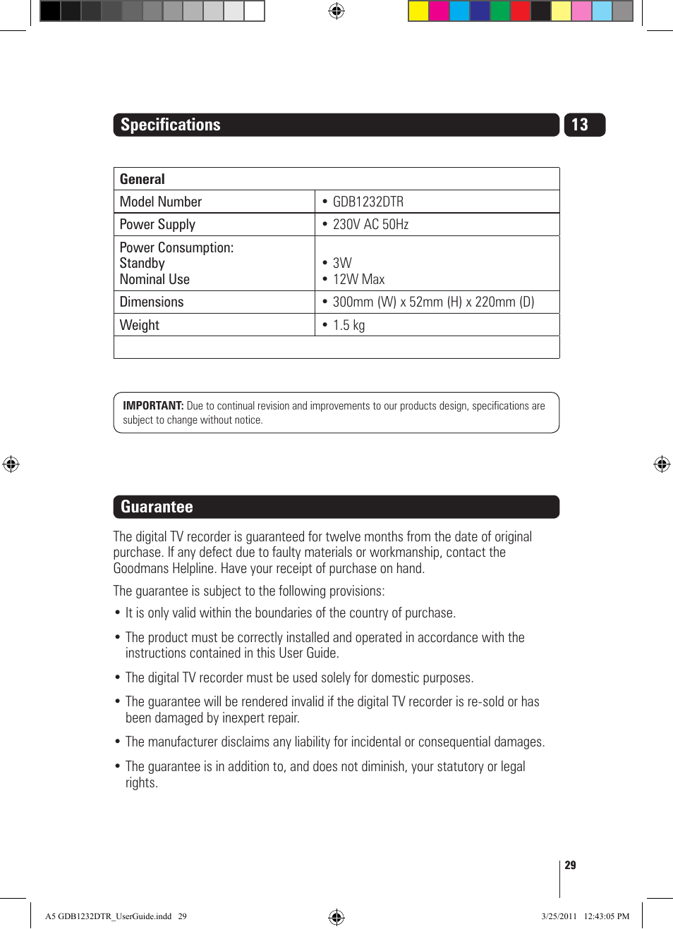 Specifications, Guarantee | Goodmans GDB1232DTR User Manual | Page 29 / 32