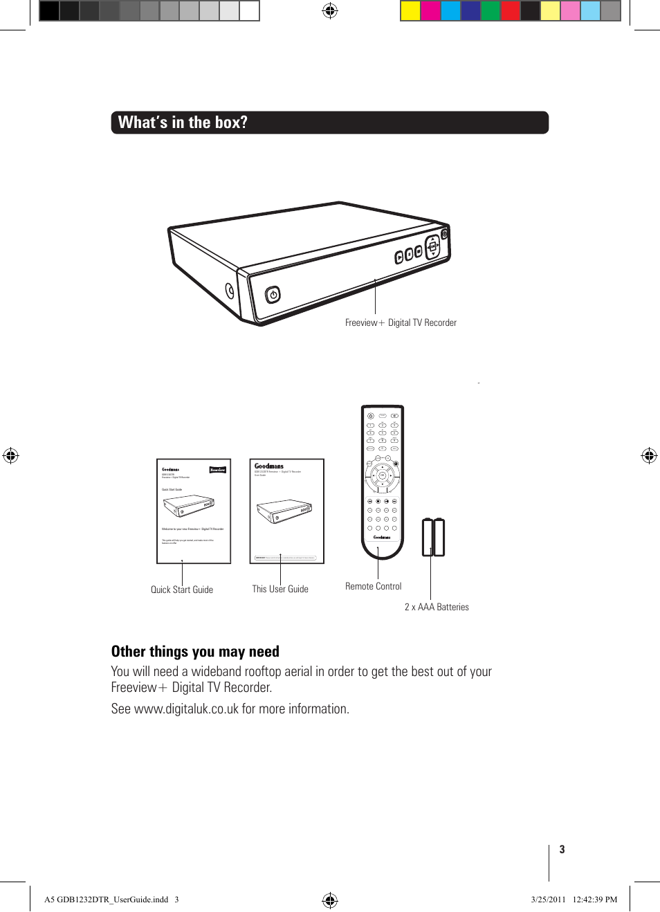 What’s in the box, Other things you may need, Sub slow swap back | Text wide aud exit, Ok r | Goodmans GDB1232DTR User Manual | Page 3 / 32