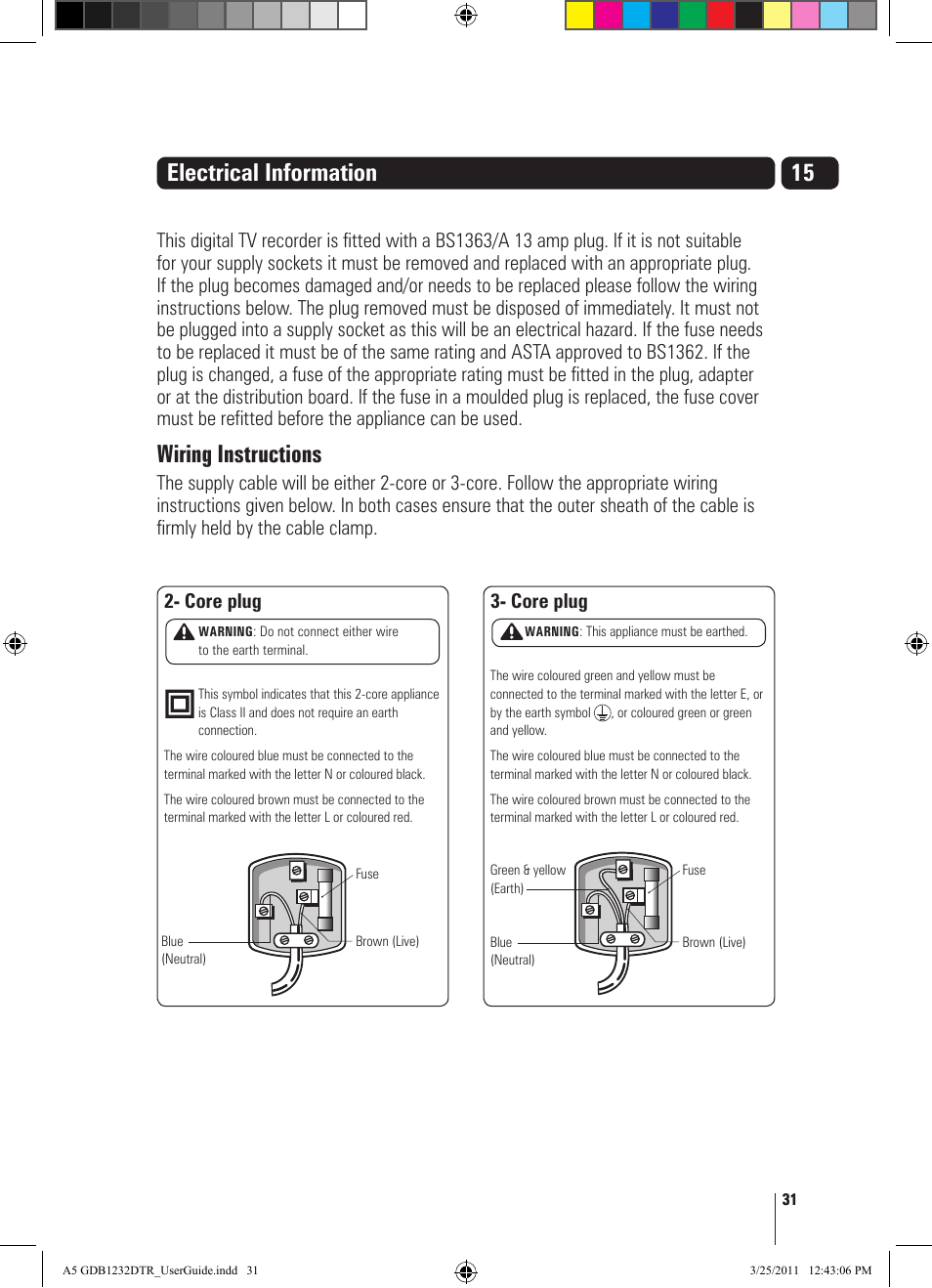 15 electrical information, Wiring instructions | Goodmans GDB1232DTR User Manual | Page 31 / 32