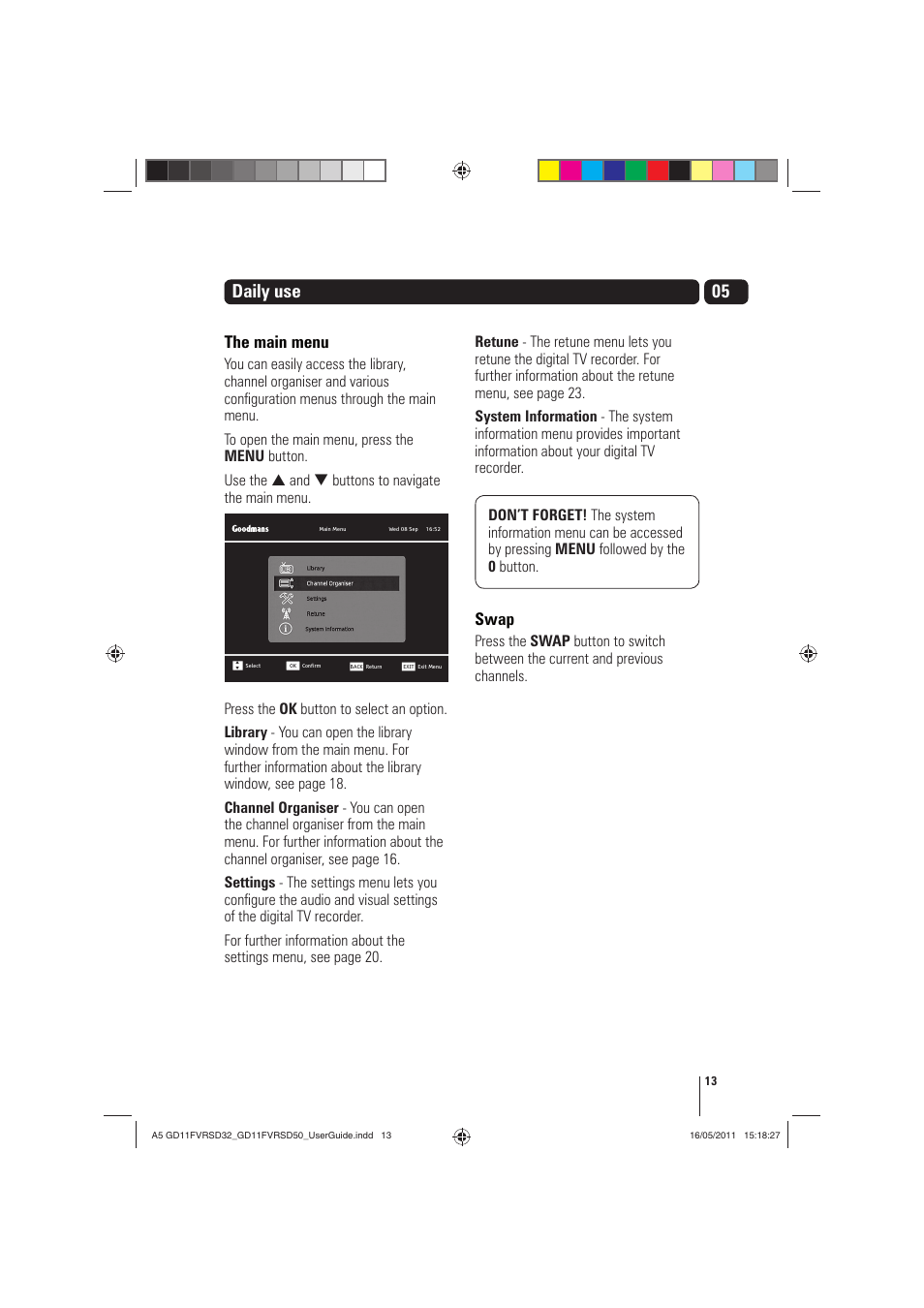 05 daily use, The main menu, Swap | Goodmans GD11FVRSD32 User Manual | Page 13 / 32