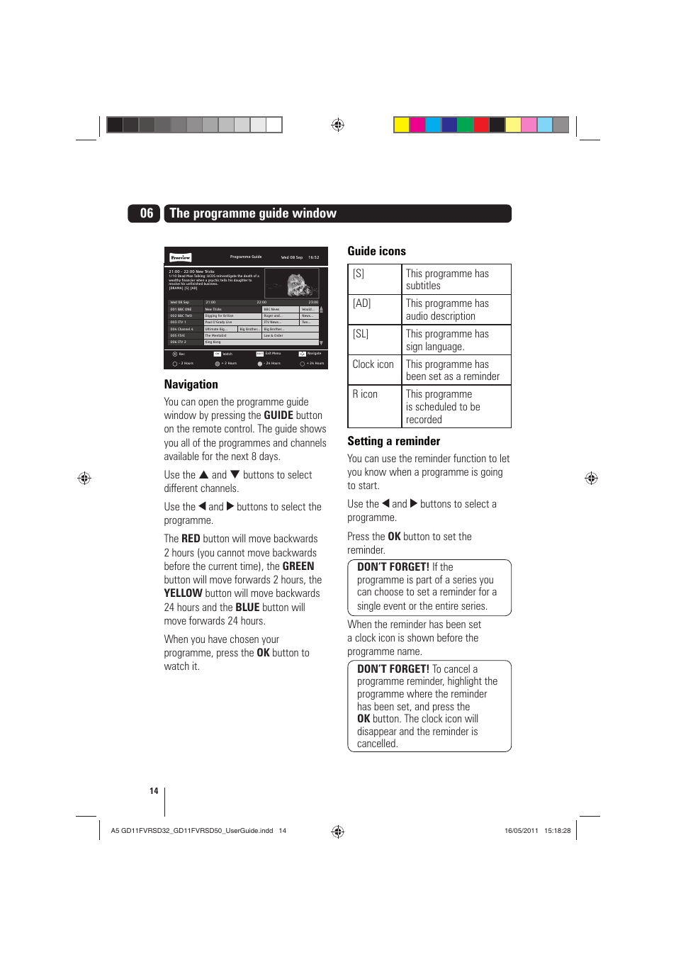 The programme guide window, Navigation, Guide icons | Setting a reminder | Goodmans GD11FVRSD32 User Manual | Page 14 / 32