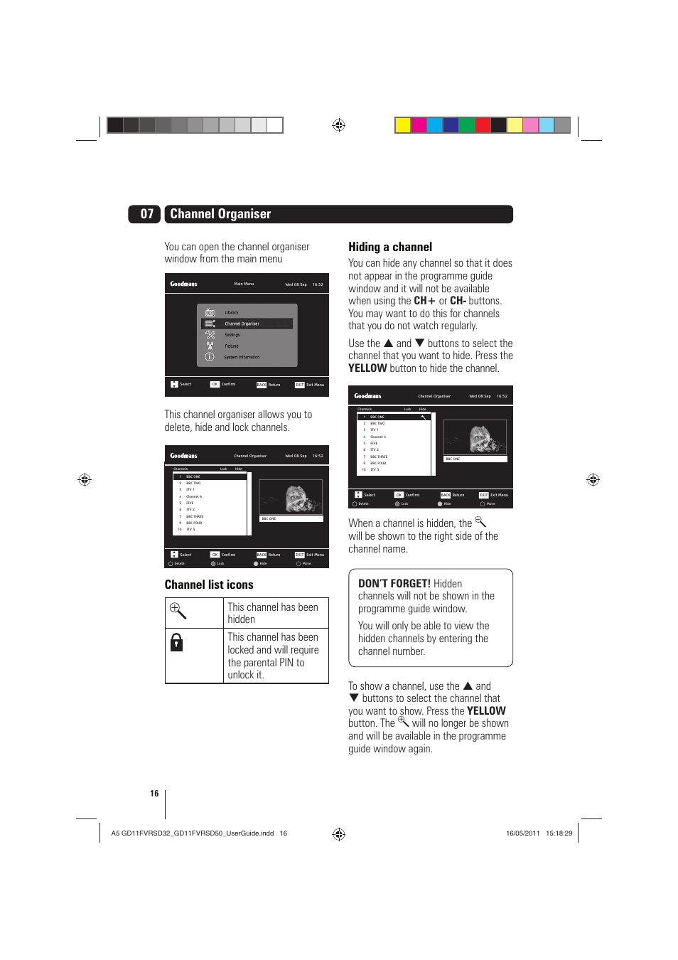 07 channel organiser, Channel list icons, Hiding a channel | Goodmans GD11FVRSD32 User Manual | Page 16 / 32