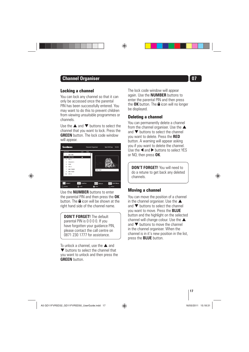 07 channel organiser, Locking a channel, Deleting a channel | Moving a channel | Goodmans GD11FVRSD32 User Manual | Page 17 / 32