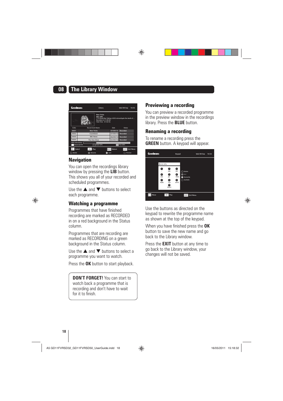 The library window, Navigation, Watching a programme | Previewing a recording, Renaming a recording | Goodmans GD11FVRSD32 User Manual | Page 18 / 32