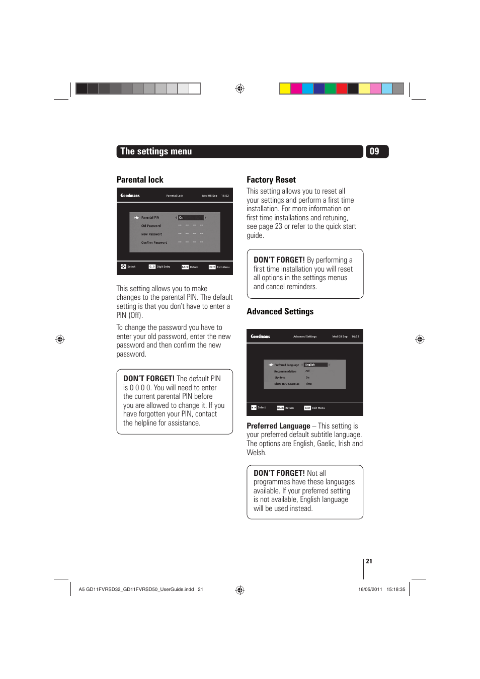 The settings menu, Parental lock, Factory reset | Advanced settings | Goodmans GD11FVRSD32 User Manual | Page 21 / 32