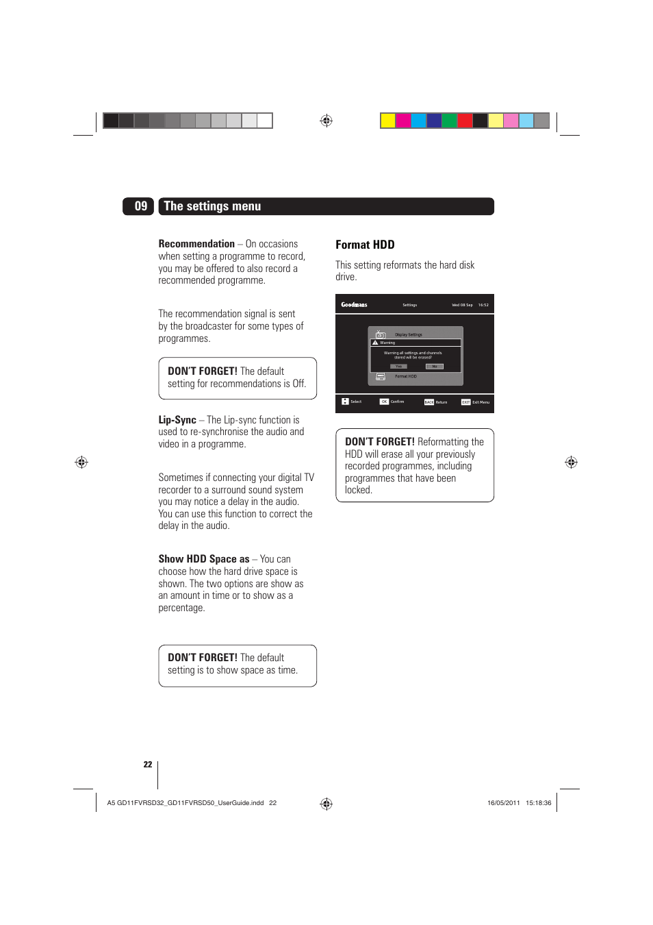 The settings menu, Format hdd | Goodmans GD11FVRSD32 User Manual | Page 22 / 32