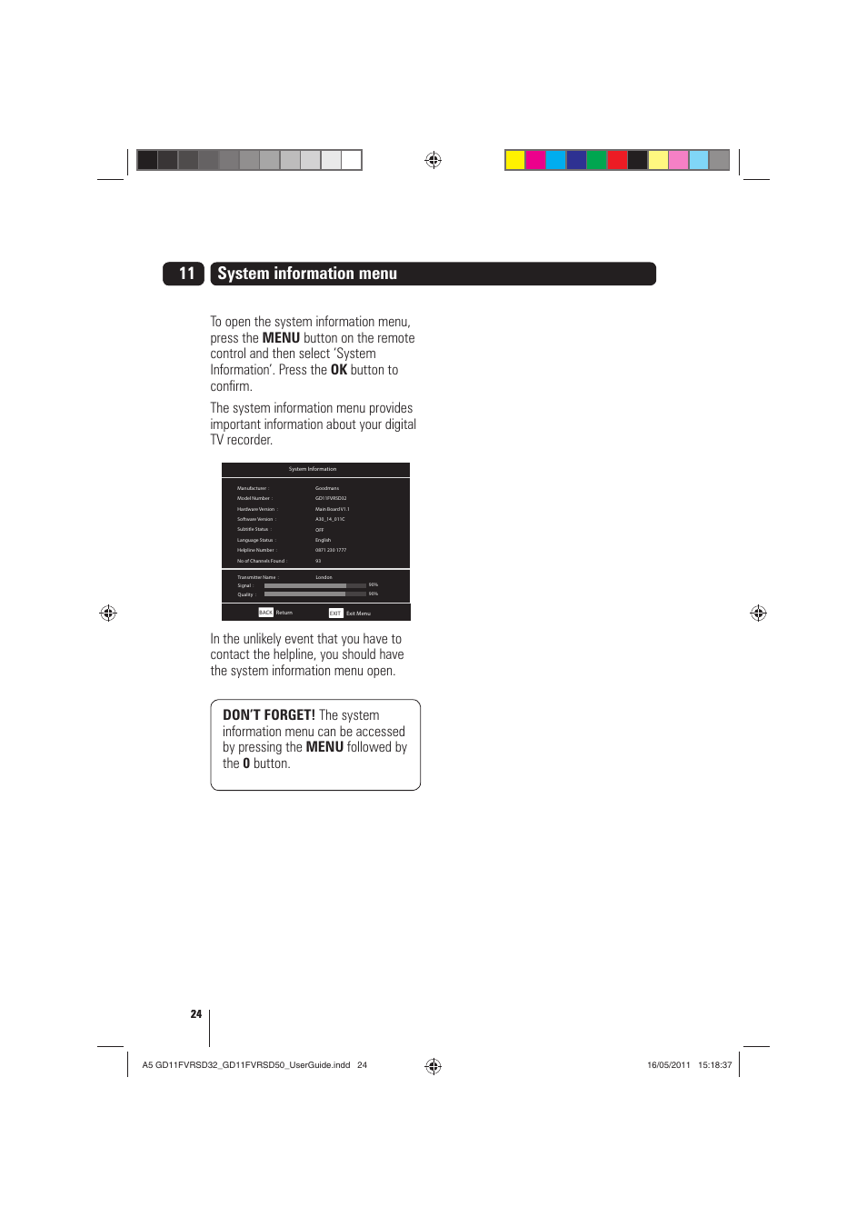 11 system information menu | Goodmans GD11FVRSD32 User Manual | Page 24 / 32