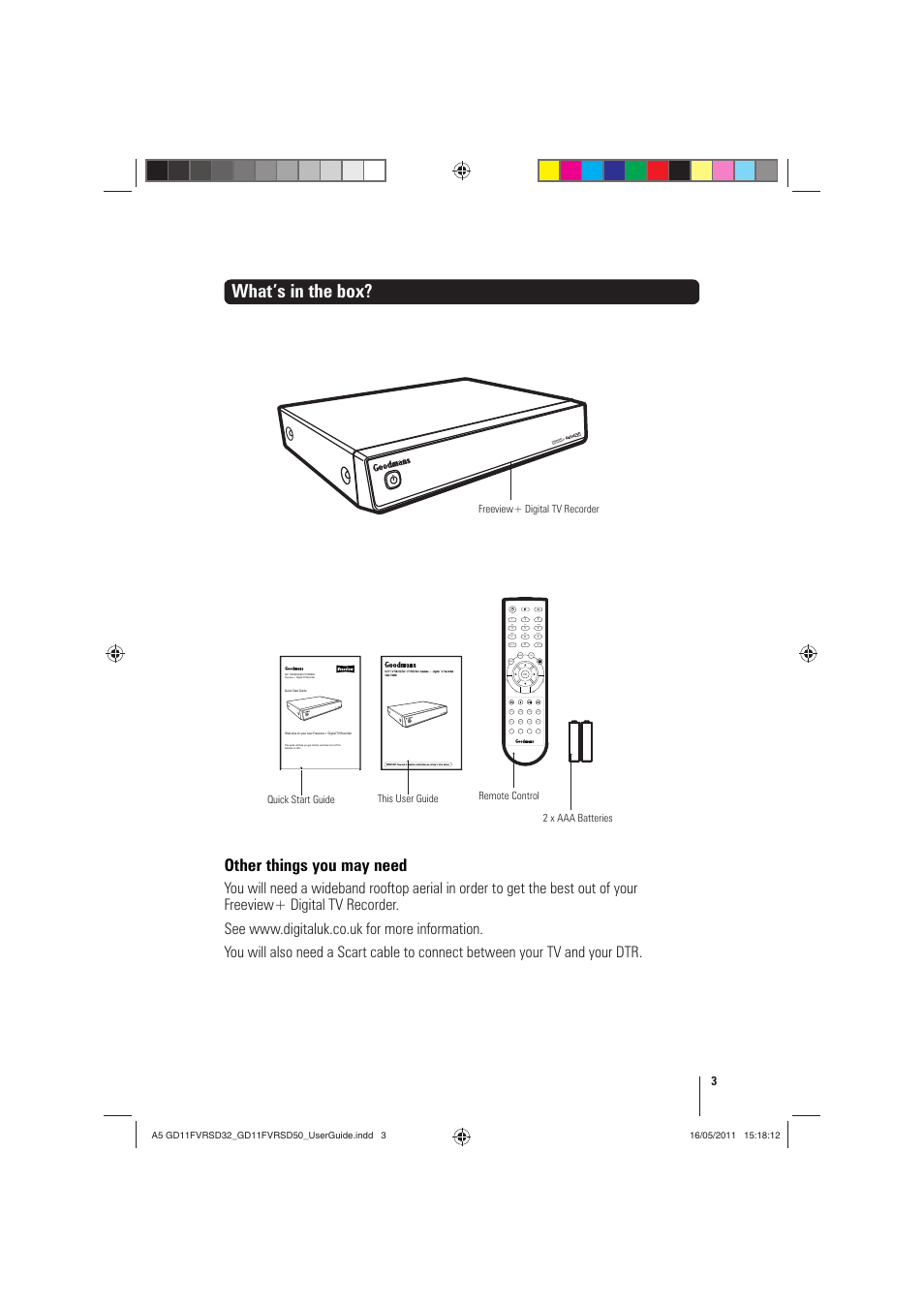 What’s in the box, Other things you may need, Sub slow swap back ch list info | Abc def ghi jkl mno pqrs tuv wxyz menu guide, Text wide aud exit vol+ vol - ch - ch | Goodmans GD11FVRSD32 User Manual | Page 3 / 32