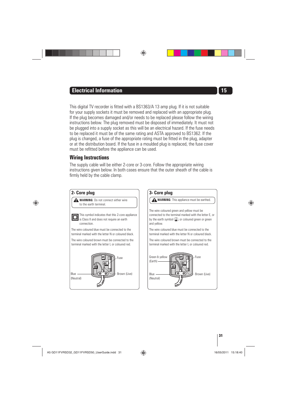 15 electrical information, Wiring instructions | Goodmans GD11FVRSD32 User Manual | Page 31 / 32