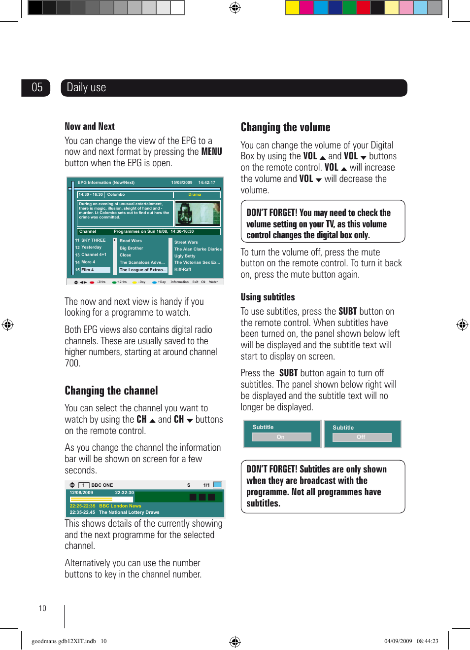 Daily use, Changing the channel, Changing the volume | Goodmans GDB12XIT User Manual | Page 10 / 24