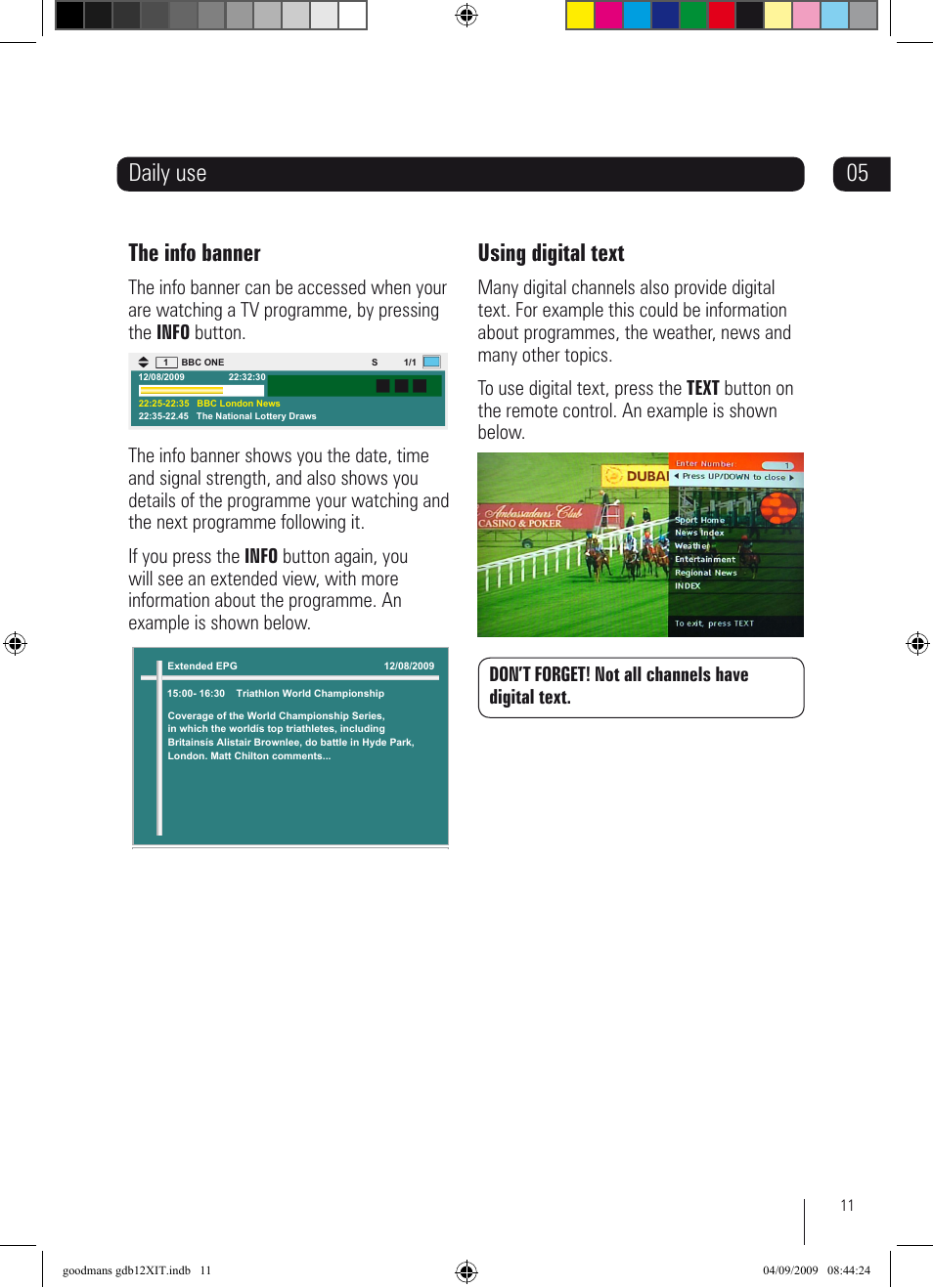 Daily use the info banner, Using digital text | Goodmans GDB12XIT User Manual | Page 11 / 24