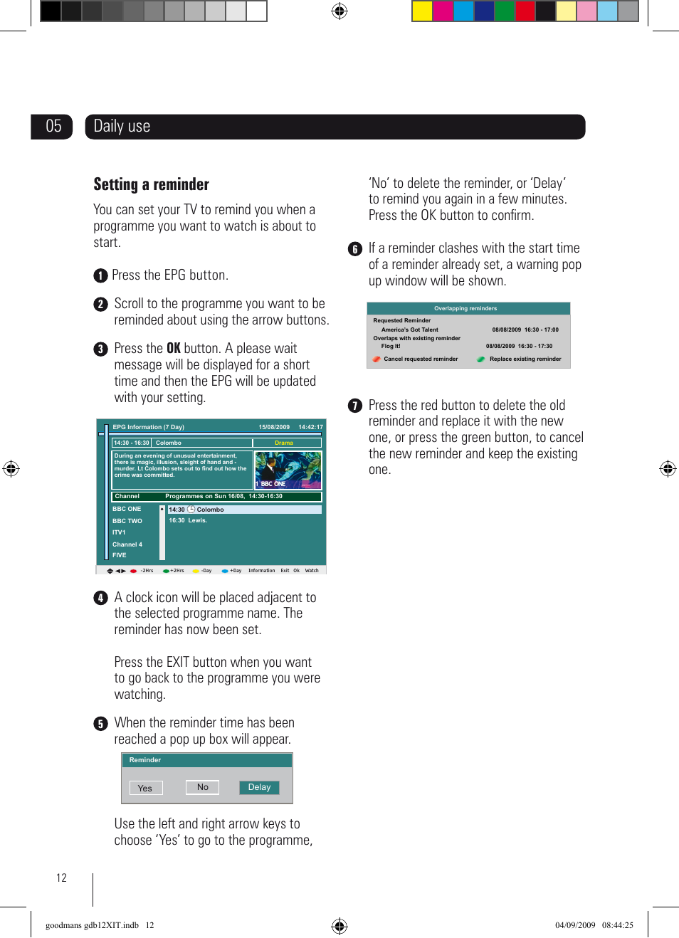 05 daily use setting a reminder, Press the epg button | Goodmans GDB12XIT User Manual | Page 12 / 24