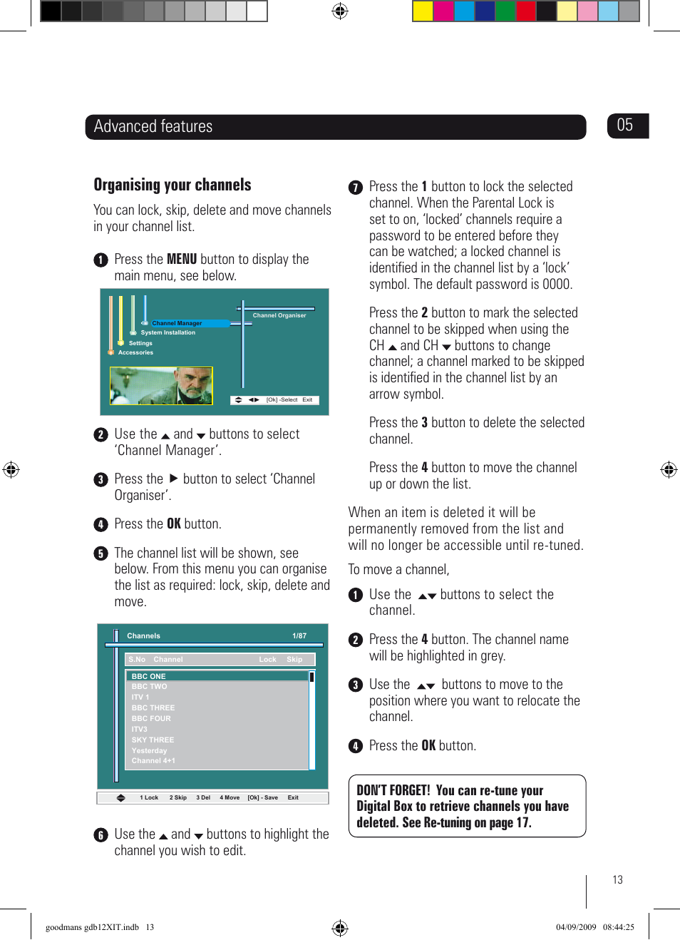 Advanced features organising your channels | Goodmans GDB12XIT User Manual | Page 13 / 24