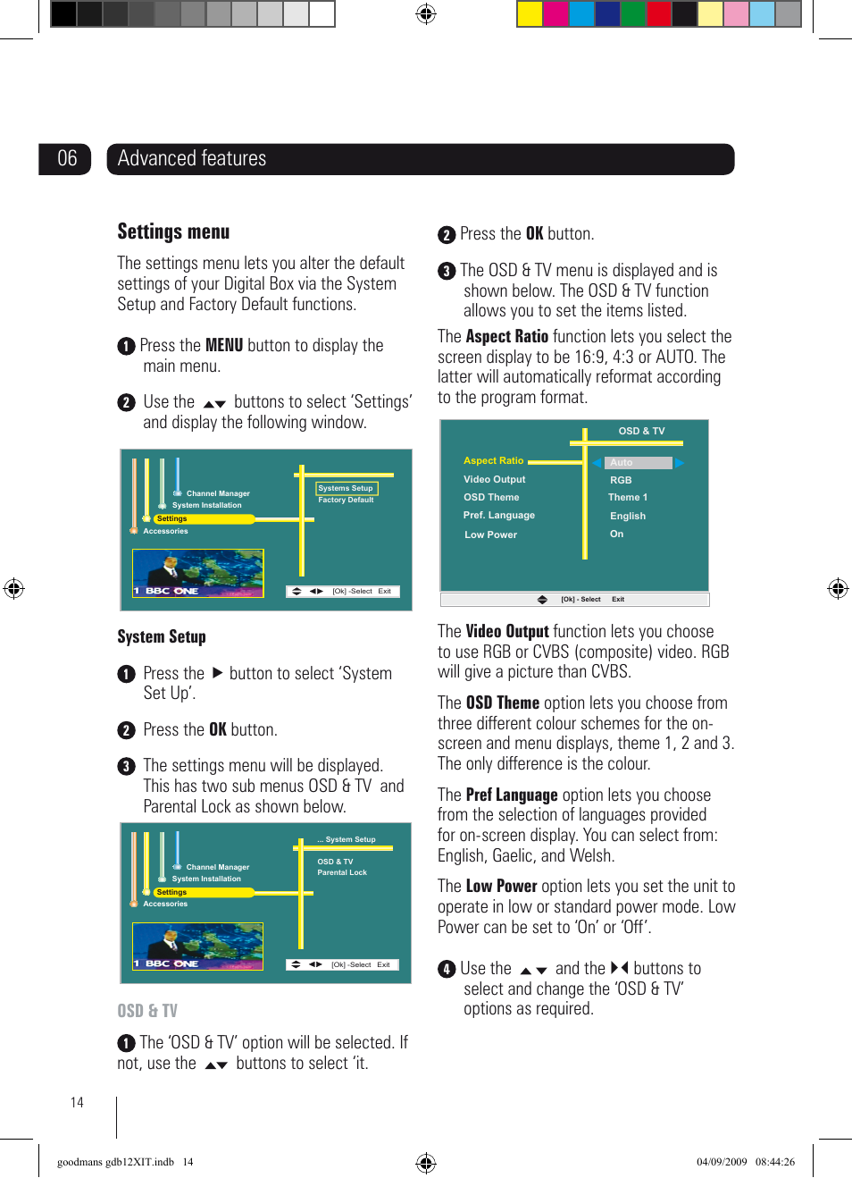 Advanced features settings menu, Press the menu button to display the main menu, System setup | Press the  button to select ‘system set up, Press the ok button, Osd & tv | Goodmans GDB12XIT User Manual | Page 14 / 24