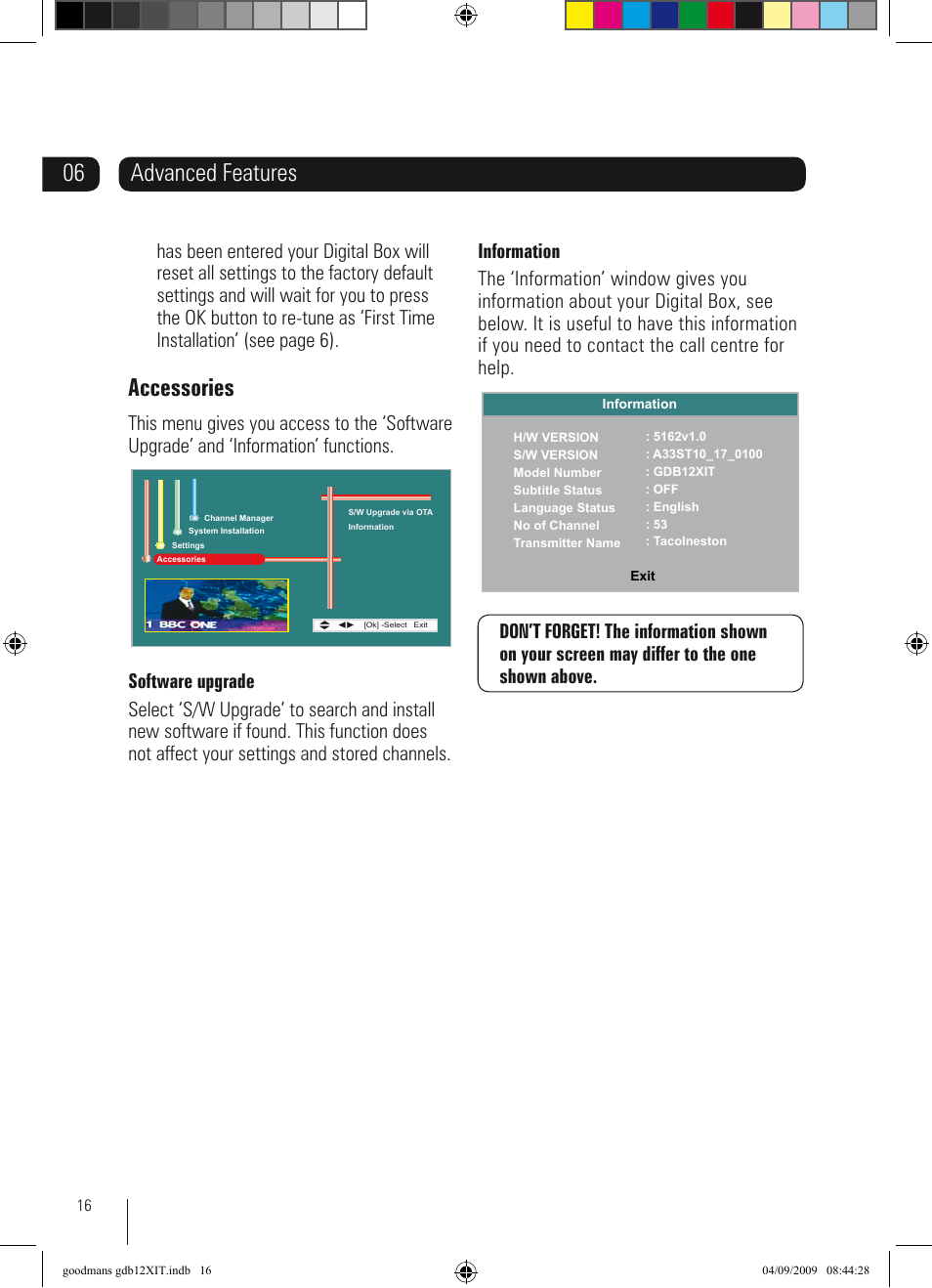 Accessories, Advanced features | Goodmans GDB12XIT User Manual | Page 16 / 24