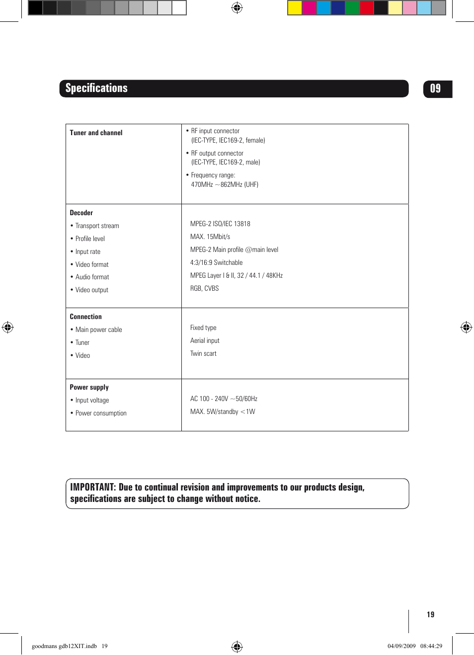 Specifications | Goodmans GDB12XIT User Manual | Page 19 / 24