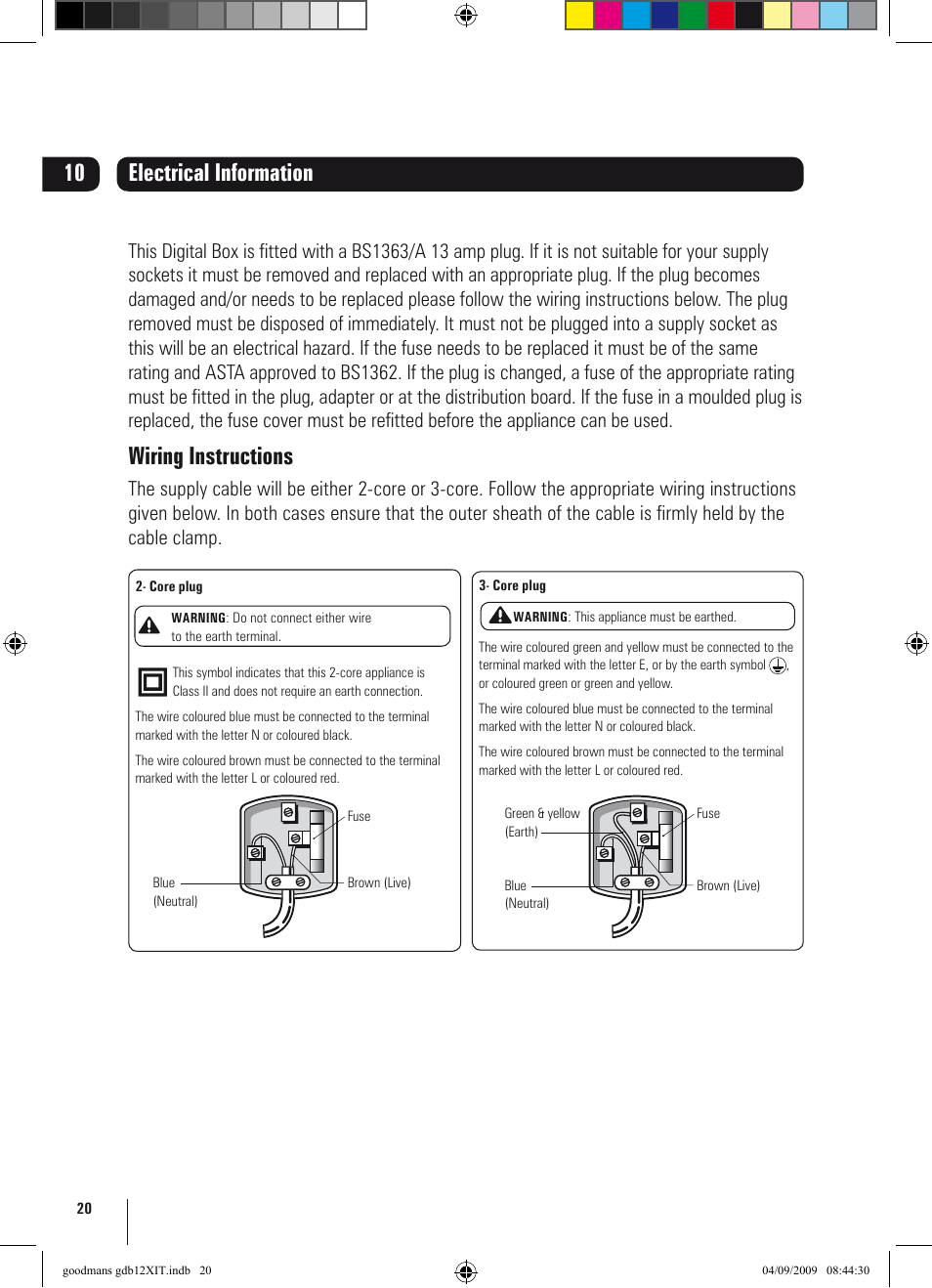 Electrical information, Wiring instructions | Goodmans GDB12XIT User Manual | Page 20 / 24