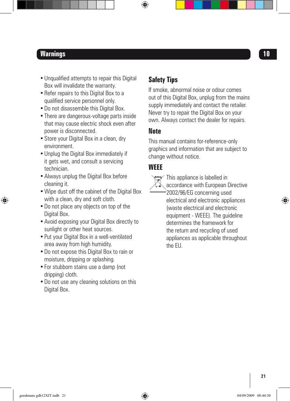 Safety tips, Weee, Warnings 10 | Goodmans GDB12XIT User Manual | Page 21 / 24