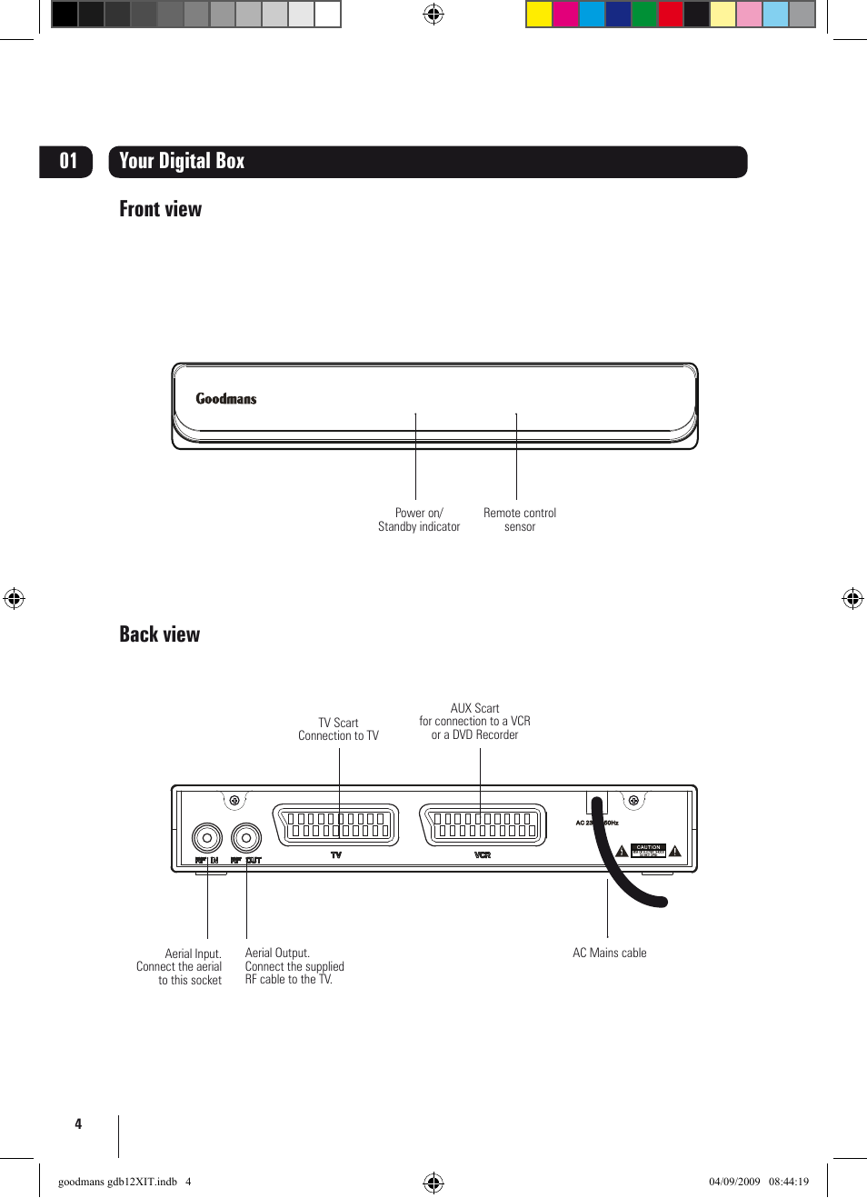 Front view back view your digital box 01 | Goodmans GDB12XIT User Manual | Page 4 / 24